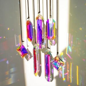 HDCRYSTALGIFTS Set 7 Crystal Sun Catcher Prisms, AB Colored Suncatcher Crystals Indoor Window Hanging Valentine's Day Gift Ornaments Rainbow Maker Prisms for Home Garden Decor
