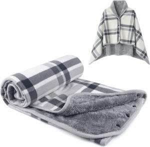 forestfish Fleece Wearable Blanket, Plaid Lap Blanket Comfy Poncho Throw with Buttons for Bed Sofa Office, Grey-White