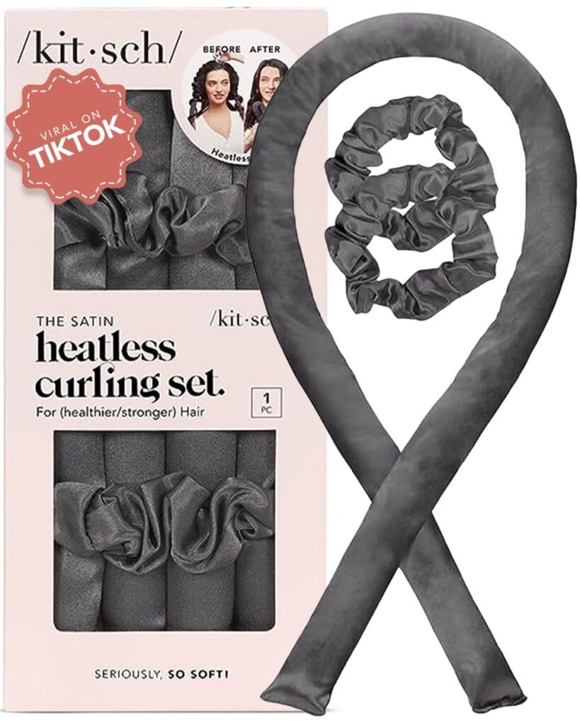 Kitsch Satin Heatless Curlers Set – Heatless Curls Overnight with 34" Hair Curler & 2 Satin Scrunchies – Comfortable Hair Curlers to Sleep In for Frizz-Free, No Heat Damage Styling - Charcoal