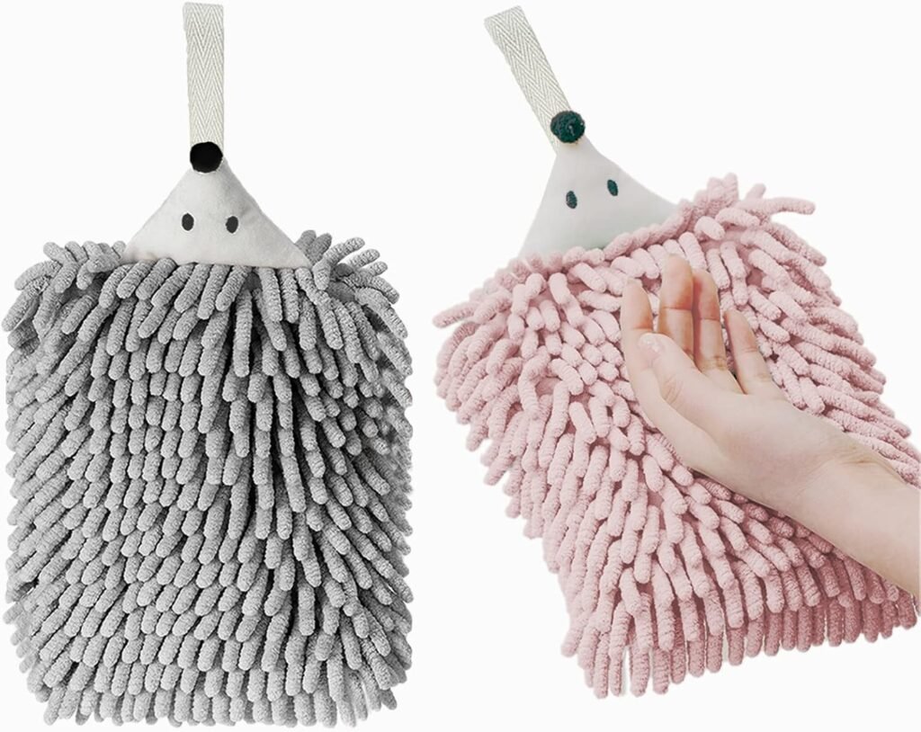 Chenille Hand Towels for Bathroom 、Kitchen and Bedroom |Hanging Hand Drying Towel with Button Loop | Funny Hedgehog Hand Towel | 2 Packs