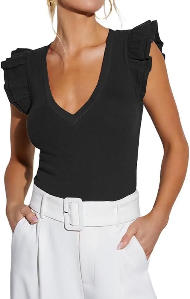 Ezbelle Women's Summer Sleeveless Tops V Neck Ruffle Shirts Knit Ribbed Tank Top Sexy Blouse