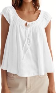 Tankaneo Women Summer Tie Front Tank Tops Cap Sleeve Pleated Babydoll Tops Casual Loose Fit Going Out Flowy Shirt