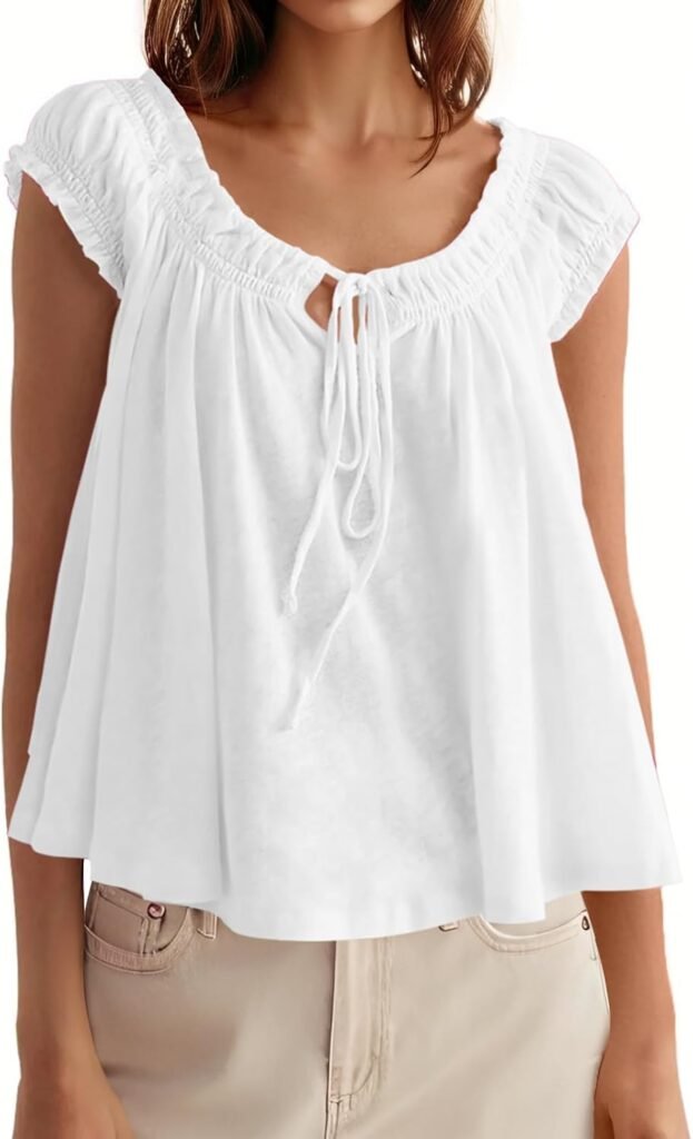 Tankaneo Women Summer Tie Front Tank Tops Cap Sleeve Pleated Babydoll Tops Casual Loose Fit Going Out Flowy Shirt