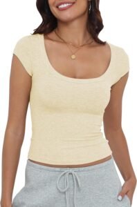 Artfish Women's Short Sleeve T-Shirts Low Scoop Neck Slim Fitted Ribbed Knit Casual Longer Crop Top