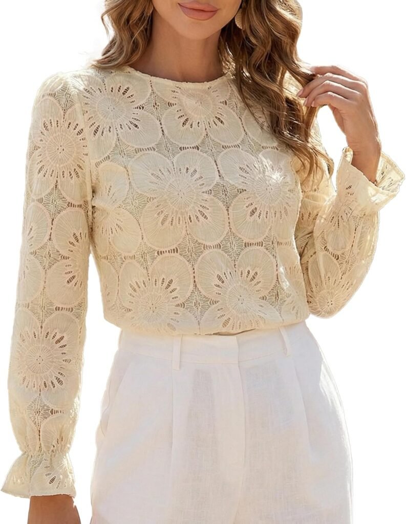 CUPSHE Women's Eyelet Long Sleeve Tops Shirts Dressy Hollow Out Crochet Lace Embroidered Blouses 2026 Fashion