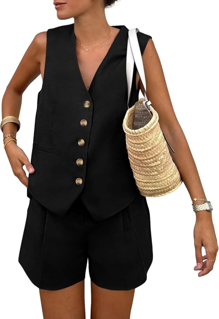 PRETTYGARDEN Women's Summer 2 Piece Outfits Sleeveless Matching Sets Button Down V Neck Vest Waistcoat and Pockets Shorts