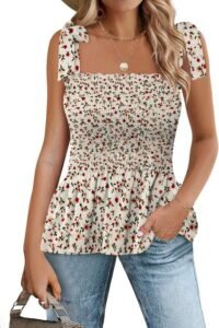 Micoson Ruffle Tank Tops for Women Summer Square Neck Sleeveless Tops Tie Shoulder Chiffon Blouse Babydoll Shirts