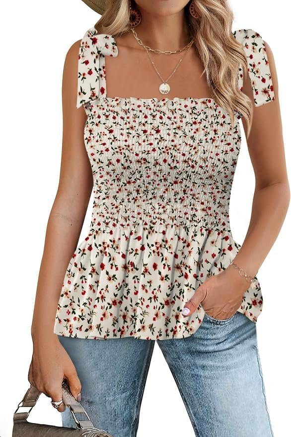 Micoson Ruffle Tank Tops for Women Summer Square Neck Sleeveless Tops Tie Shoulder Chiffon Blouse Babydoll Shirts