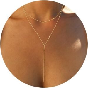 Foxgirl Lariat Gold Necklace for Women, Dainty Long Necklace 14k Gold Plated/Silver Y-Shaped Pendant Necklace Trendy Layered Cz Beaded Chain Drop Necklaces Simple Gold Jewelry For Women Gift