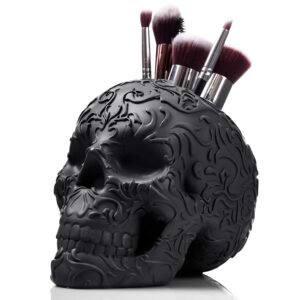 Skull Makeup Brush Holder, Pen Holder, Vanity, Desk, Office Organizer, Stationary, Decor planter, Candy Bowl, Goth Decorations, Bathroom organizer, Black