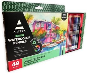 Arteza Watercolor Colored Pencils For Adult Coloring, Set of 49 Presharpened, Triangular-Shaped Drawing Pencils for Teens and Adults, Art Supplies for Sketching and Painting