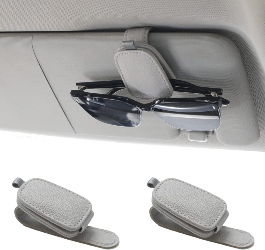 Yuoyar Sunglass Holder for Car, Magnetic Leather Sunglasses Holder and Ticket Card Clip, Car Visor Accessories, 2 Packs (Silver Grey)