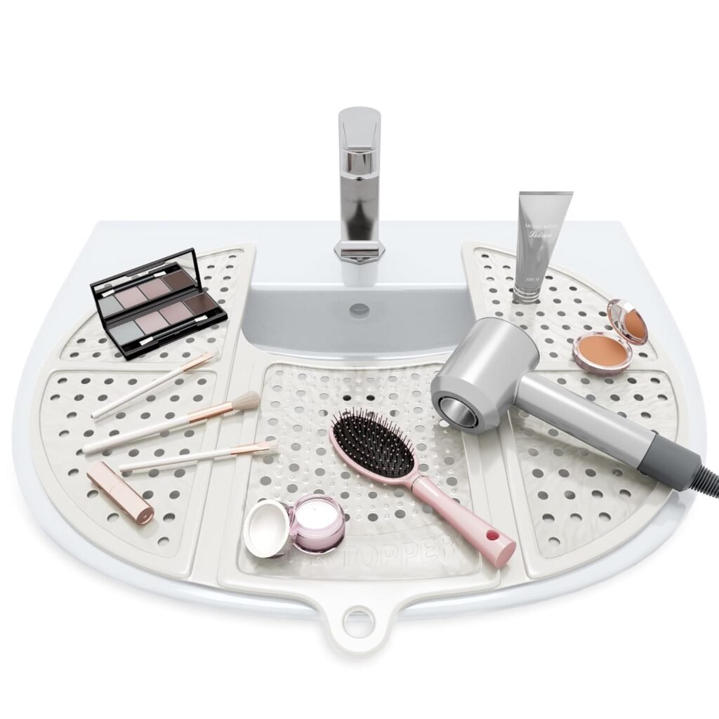 Sink Topper Bathroom Counter Cover & Storage Saver, Foldable Silicone Mat for Hot Tools, Hair Styling & Makeup, Beauty Brush Cleaning Mat, RV Camper Sink Cover & for Small Spaces (Standard Pearl)