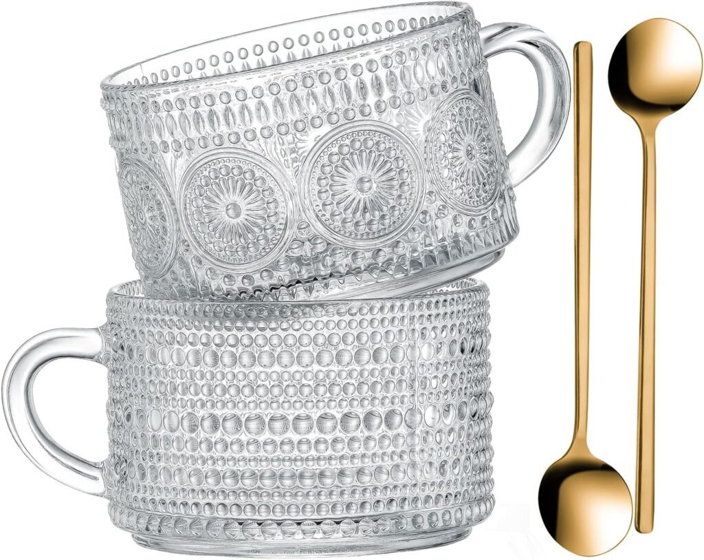 Gezzeny Vintage Glass Coffee Mugs 14 Oz Set of 2 Clear Embossed Tea Cups, Glass Coffee Cups for Cappuccino, Latte, Cereal, Yogurt, Beverage Christmas Thanksgiving Gifts