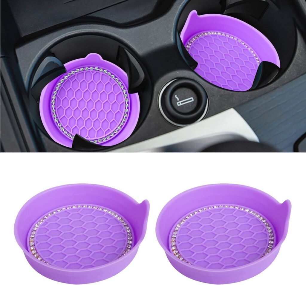 Amooca Car Cup Coaster Universal Non-Slip Cup Holders Bling Crystal Rhinestone Car Interior Accessories 2 Pack Purple