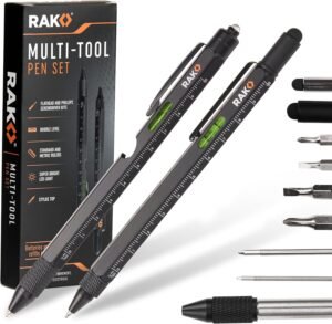 RAK Multitool Pen - Multi-Tool Pen Set 11 in 1, LED Light, Screwdrivers, Level, Ruler, Bottle Opener, and Stylus. Cool Gadgets Gifts for Men, Dad, EDC Tactical Pen Tool, Gift-Ready Box, Pack of 2