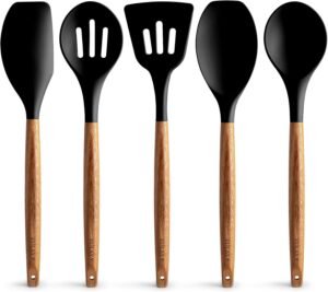 Zulay Kitchen Non-Stick Cooking Utensils Set with Authentic Acacia Wood Handles – 5-Piece Durable & Stylish Silicone Kitchen Utensils Set – Heat Resistant to 464°F – Black