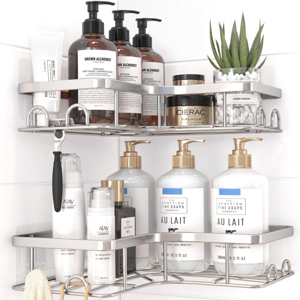 Sakugi Corner Shower Caddy - 2 Pack, Adhesive Shower Organizers, Rustproof Stainless Steel Shower Shelves with 8 Hooks, No Drilling Bathroom Organizers and Storage Racks, Space-Saving, Silver, Medium