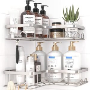 Sakugi Corner Shower Caddy - 2 Pack, Adhesive Shower Organizers, Rustproof Stainless Steel Shower Shelves with 8 Hooks, No Drilling Bathroom Organizers and Storage Racks, Space-Saving, Silver, Medium