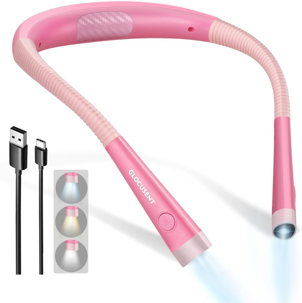Glocusent Book Light, 3-Color & 6-Brightness Reading Light, Bendable Neck Light, 80-hr Lasting Rechargeable Book Light, Perfect Reading Lights for Books in Bed, Knitting, Book Lovers Gifts - 1Pack