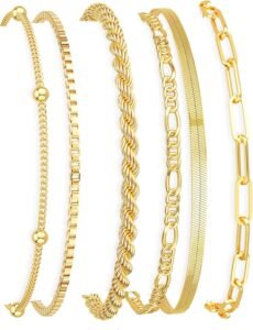 Mothers Day Gifts for Mom Gold Bracelets for Women Waterproof, 14K Gold Plated Jewelry Sets Trendy Thin Dainty Stackable Cuban Link Paperclip Chain Bracelet Pack Fashion Accessories Gifts for Womens