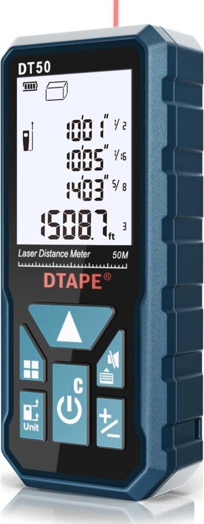 Laser Measure, DTAPE Digital Laser Distance Meter, Upgraded High-Accuracy Laser Measuring Tool, Electronic Tape Measure, 2" Backlit LCD Display, Area/Volume/Indirect Measurement, in/Ft/Ft+in/M